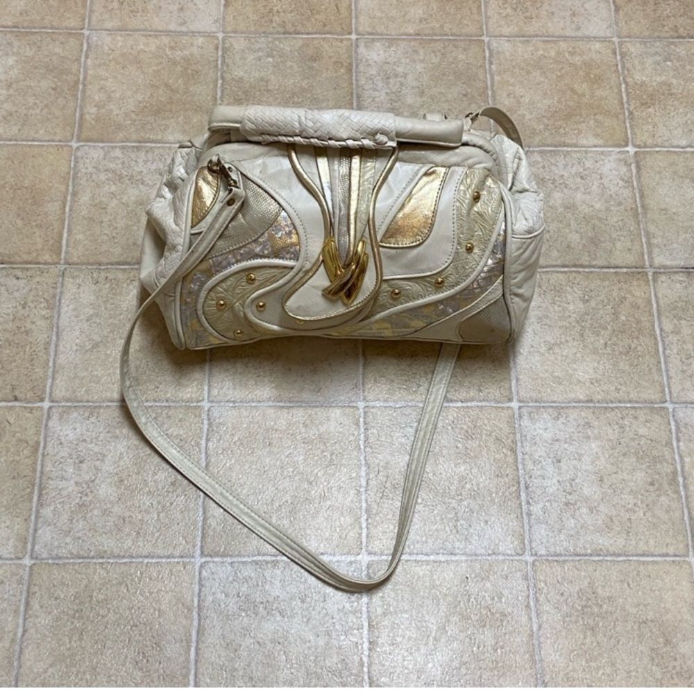 PINKY Bags By Genuine Leather Made In USA Elegant Cream and Gold Shoulder Bag
